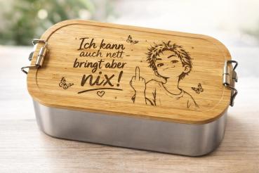 Alu-Brotdose mit graviertem Bambusdeckel "Ich kann auch nett"